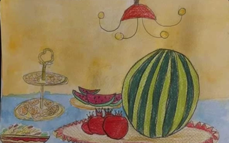 نقاشی آجیل شب یلدا و ظرف میوه: جزئیات جذاب سنتی